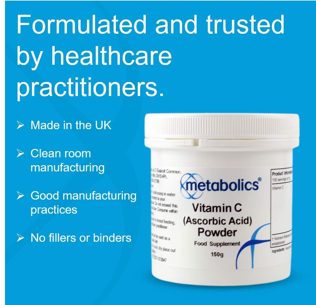 Vitamin C Powder by Metabolics | 1000mg Vitamin C Per Serving Providing 1250% NRV | Pot of 150g Providing 150 Servings Suitable for Vegans & Vegetarians- No Additives or Flowing Agents