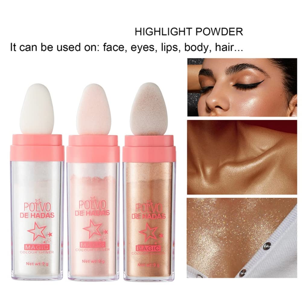 Weixinbuy Highlighter Powder Stick, Polvo De Hadas Glitter Patting Powder Fairy Highlight Powder Smooth Waterproof Three-Dimensional Shimmer, Sparkly Natural Patting Powder for Face Body Eyes Collarbones Glow