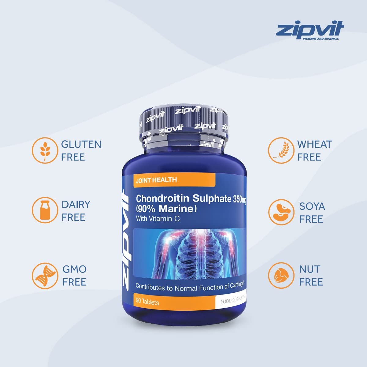 Chondroitin Sulphate 350mg with Vitamin C, 90 Tablets. 90% Pure Marine Chondroitin. Supports Collagen Formation and Cartilage Function.