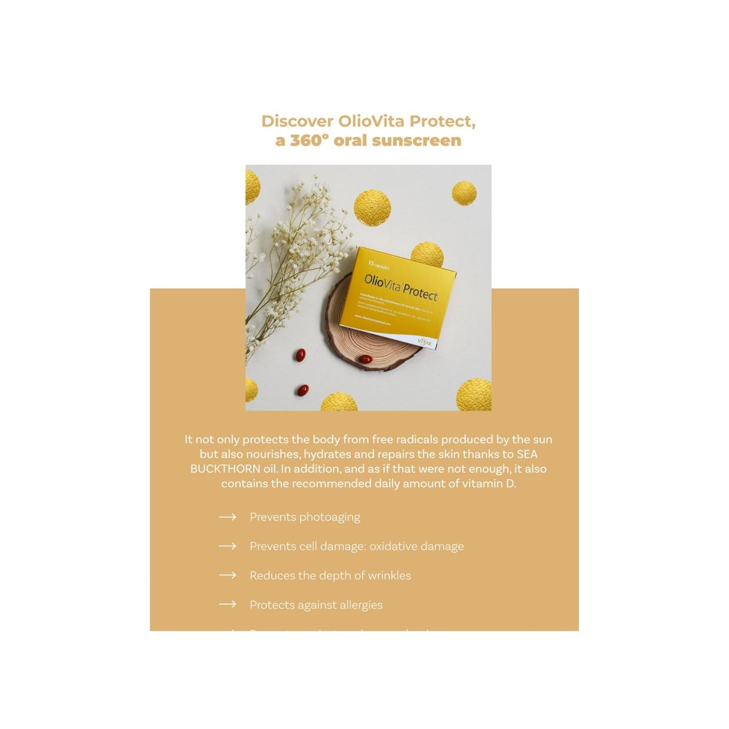 Vitae OlioVita Protect | Sun Protection Supplements | Prevention Sun Damage, Sun Allergy, Sun Burns | Safe and Healthy Tanning | Antioxidant | 15 capsules