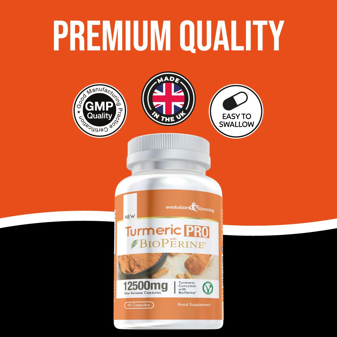 Evolution Slimming Turmeric Pro with BioPerine® 12,500mg 95% Curcuminoids, Suitable for Vegetarians, 60 Capsules - Advanced Tumeric Capsules
