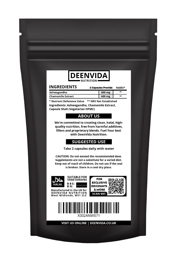 DEENVIDA NUTRITION Halal Brain Boost Nootropic Supplement, Supports Cognitive Function, Energy Levels, Focus & Memory Function, 60 Vegetarian Capsules, with Ashwagandha & Chamomile Extract, DeenVida Nutrition