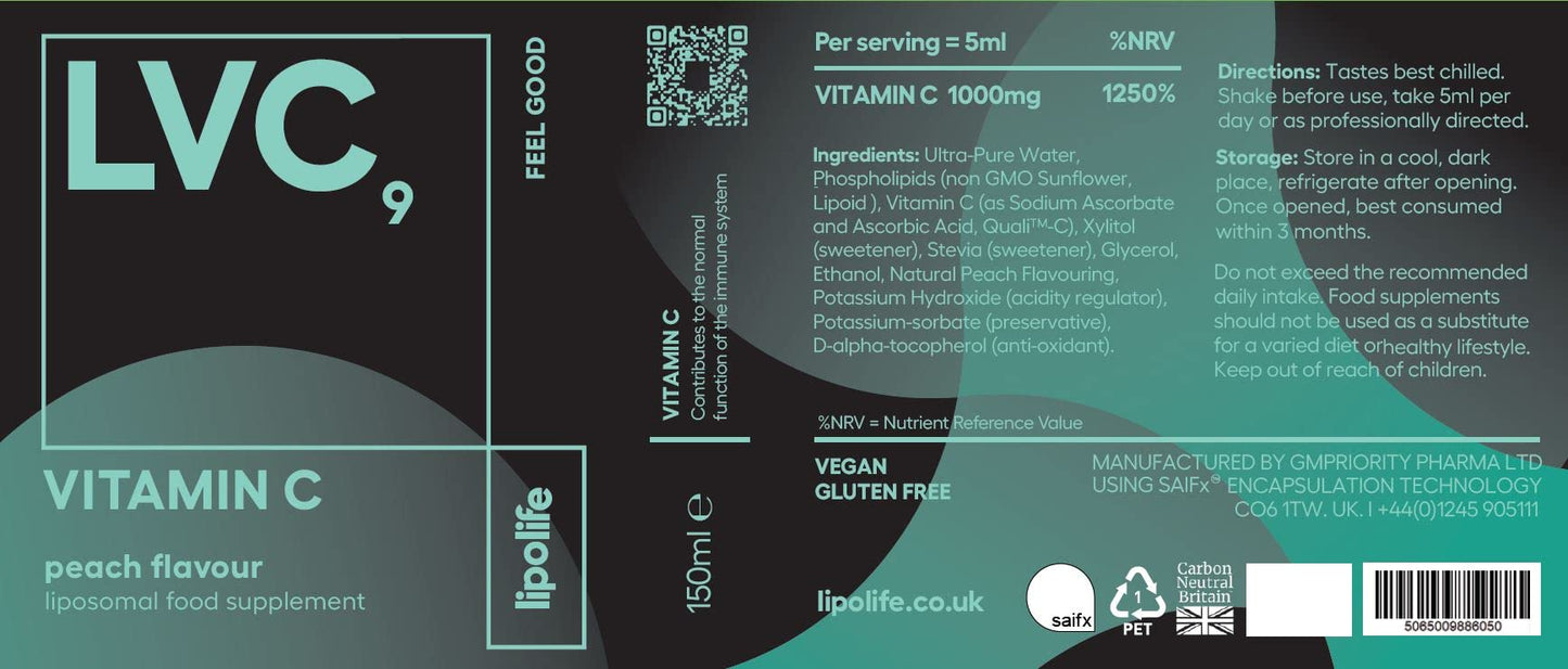 Lipolife LVC9 - liposomal Vitamin C 1000mg (Peach Flavour) - lipolife 150ml = 30 Day Supply. Formulated with Quali-C and Sunflower phospholipids.