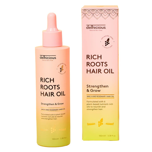 Delhicious Amla Oil & Rosemary Oil for Hair Growth - Rich Roots Hair Loss Treatment for Thinning Hair - Nourishes Dry Scalp, Brightens Dull Hair - Natural, Vegan, Ayurveda - 100ml