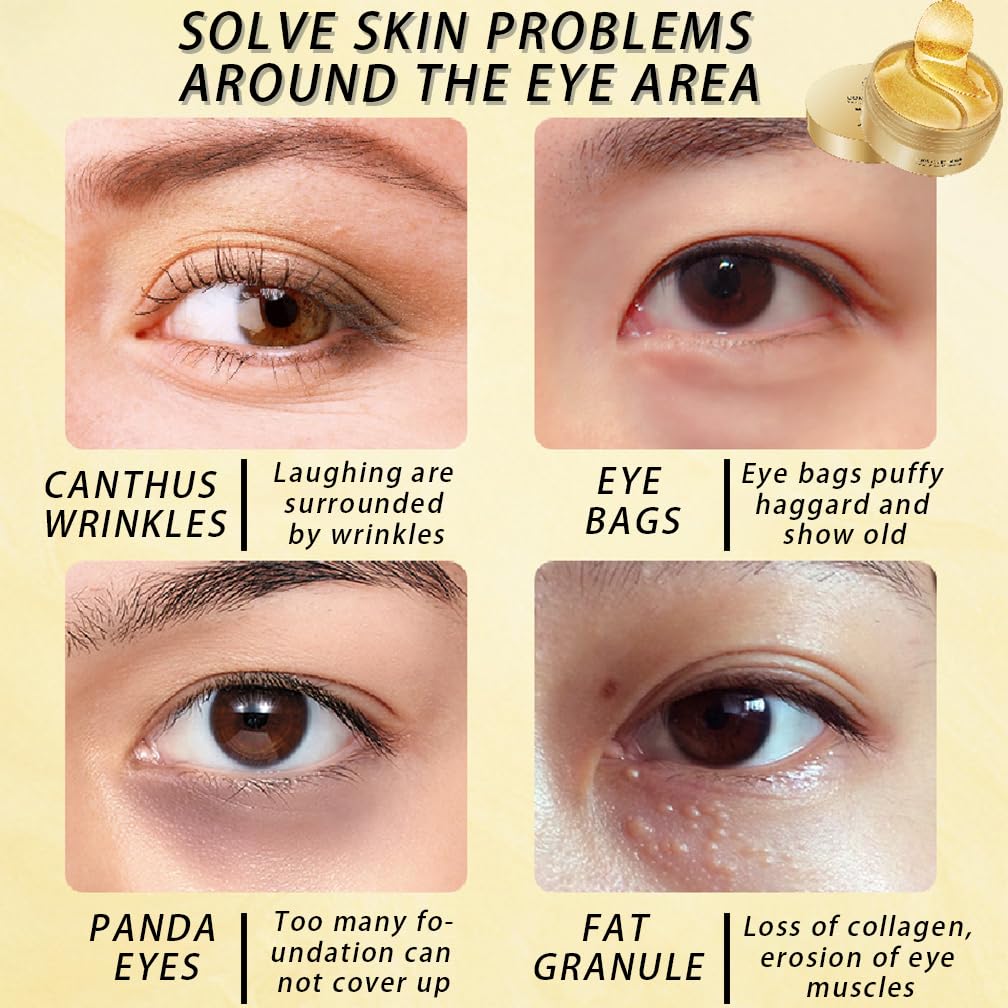 24 Gold Under Eye Masks, Gold Collagen Eye Masks for Puffy Eyes, Under Eye Gel Patches for Dark Circles, Anti Wrinkle, Skincare, Look Younger and Less Tired, Moisturize Your Skin