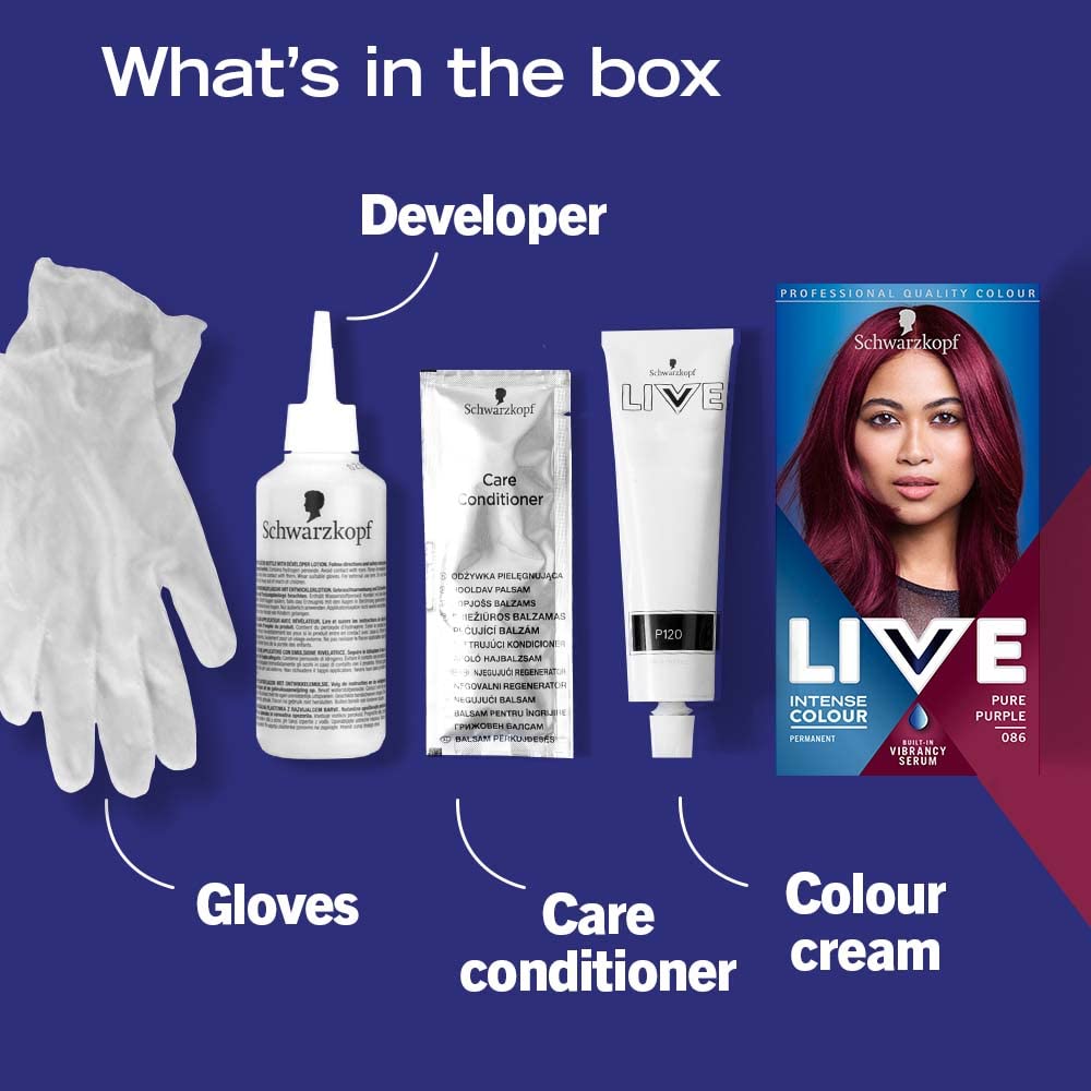 Schwarzkopf LIVE Intense Colour, Long Lasting Permanent Purple Hair Dye, With Built-In Vibrancy Serum, Up To 50% Grey Coverage, Pure Purple 086