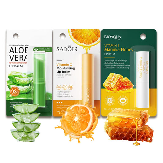 Lip balm Set, 3 PCS - Aloe Vera, Honey, VC Lip Balm Day & Night Lip Moisturiser, Lip Care Chapstick, Long-lasting Moisture to Soothe Dry Chapped Lips, Nourishing Lip Mask for Women Men (Mixed)