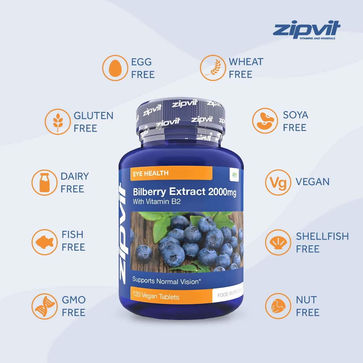 Bilberry Extract 2000mg with Added Vitamin B2, 120 Vegan Tablets. Supports Normal Vision. Vegetarian Society Approved. UK Supplier