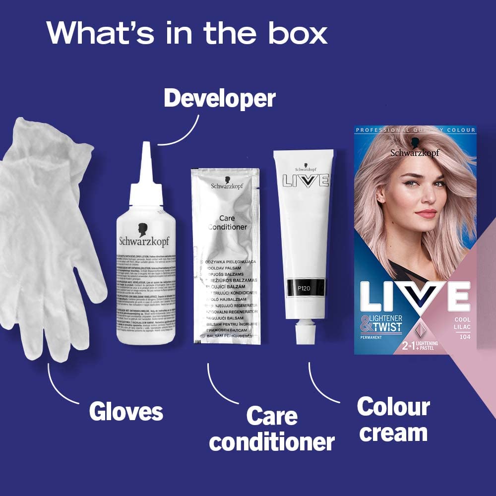 Schwarzkopf LIVE Lightener + Twist Permanent Purple Hair Dye, 2 in 1 Formula, Lightens and Colours Up To 3 Levels- Cool Lilac 104