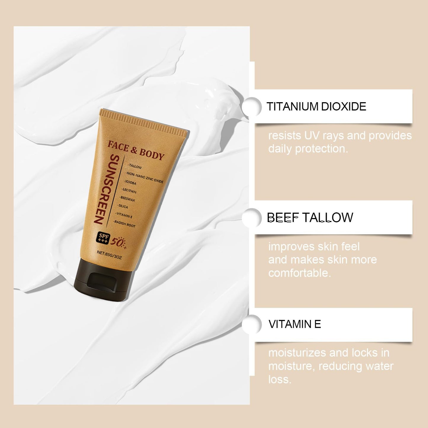 EliiSkinn Tallow Sunscreen - Beef Tallow Sunscreen SPF 50 - Face & Body Sun Cream, Natural & Lightweight Non-Greasy Formula Suitable for All Skin Types, 85g