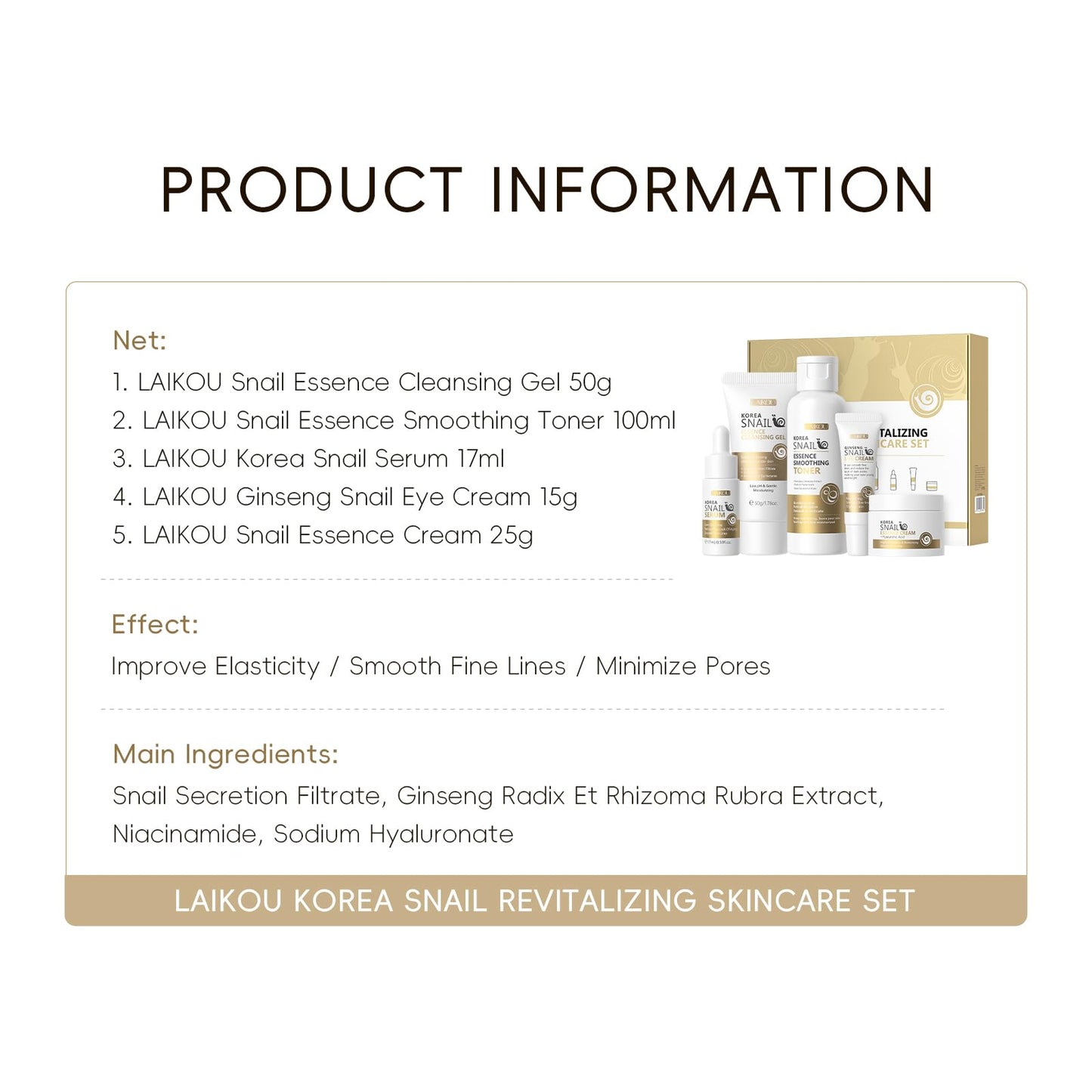 LAIKOU Snail Mucin Essence Skincare Set, Korean Facial Care Kit with Cleanser,Toner,Face Serum,Eye Cream,Cream, Repairing, Firming, Rejuvenating Kit with Snail Mucin, Gift Set for Teenage Girls Women