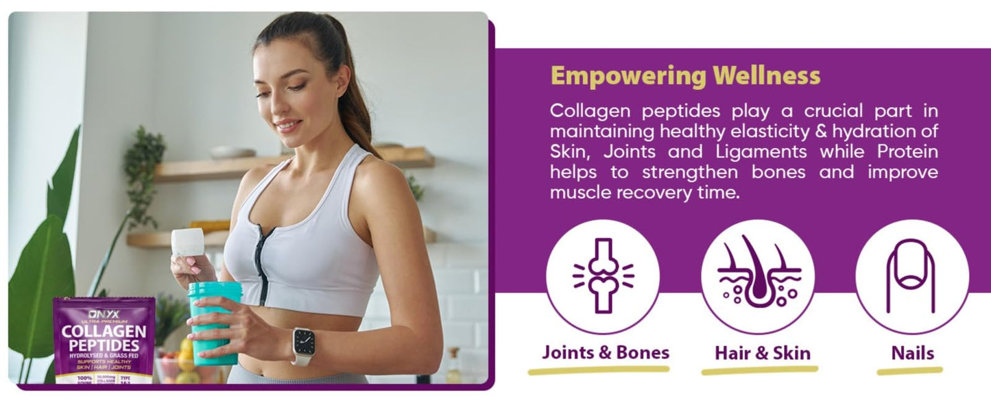 ONYX INGREDIENTS 101 Premium Collagen Powder 300g Hydrolysed Bovine Collagen Peptides Powder - Halal Certified - Healthy Skin, Hair & Joints - Collagen Supplements for Women & Men (30 Days Serving 300g)