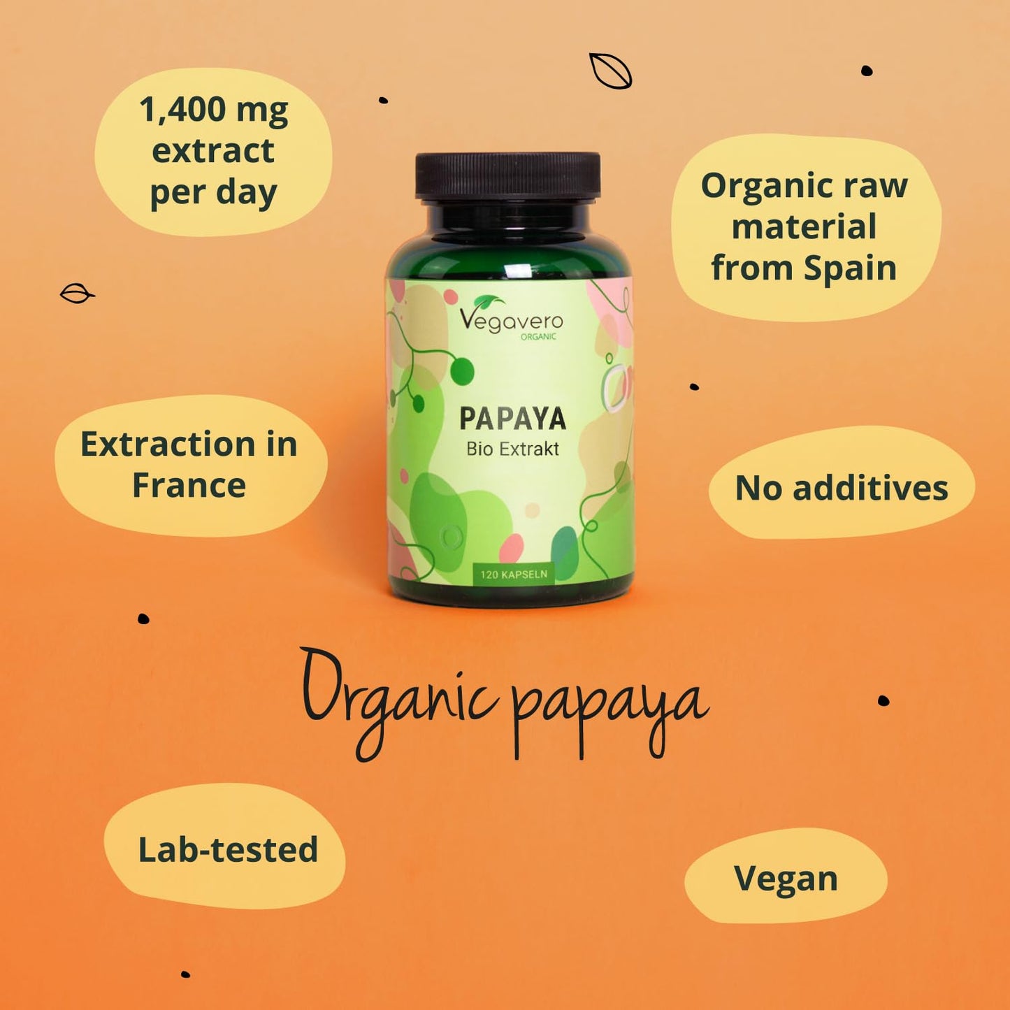 Organic Papaya Extract Vegavero® | 1400mg Carica Papata Fruit Extract | No Additives & Non-GMO | 120 Capsules | Vegan
