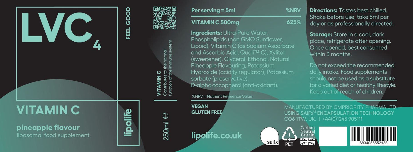 lipolife - liposomal Vitamin C 500mg | High Strength | 48 Servings | LVC4 | Higher Absorption, Scientifically Proven | Pineapple Flavour | Advanced Nutrient delivery | Made in UK |