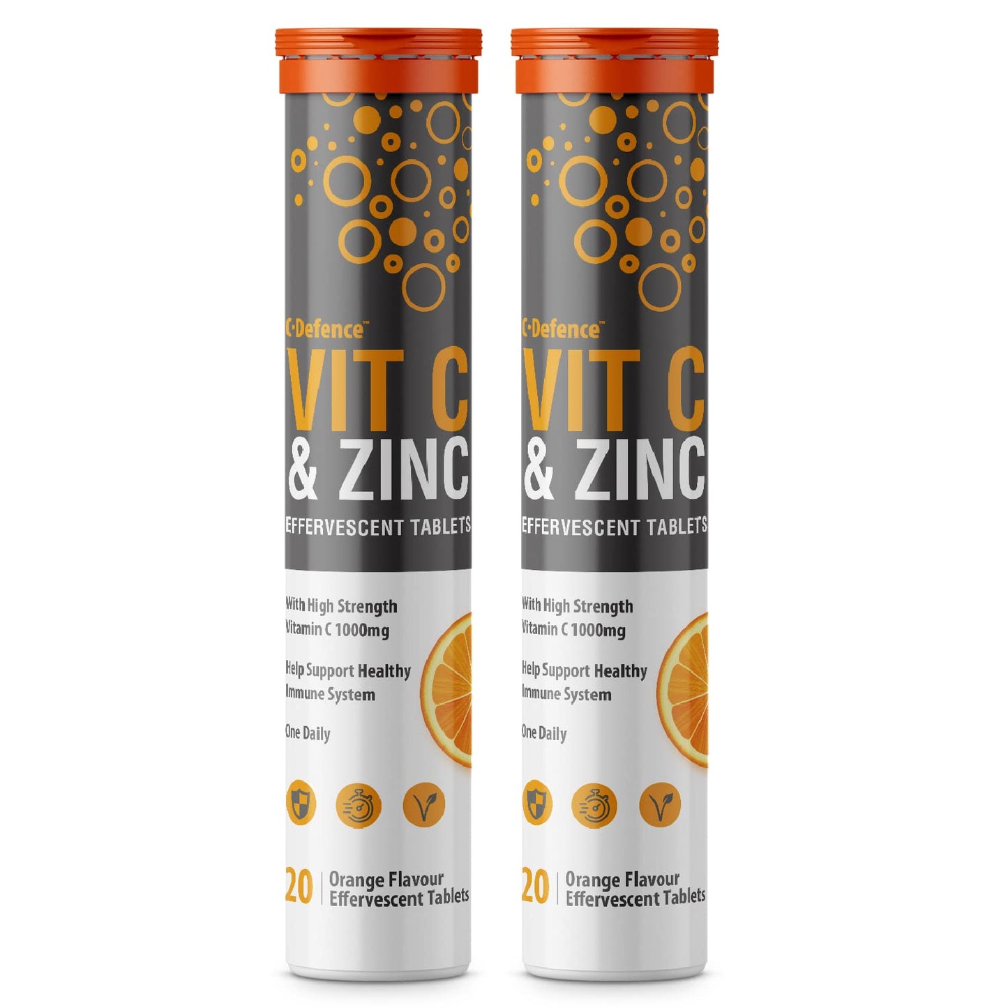Vitamin C 1000mg & Zinc 15mg Orange Flavour Effervescent Tablets by Club Vits (2 Tubes of 20 Tablets)