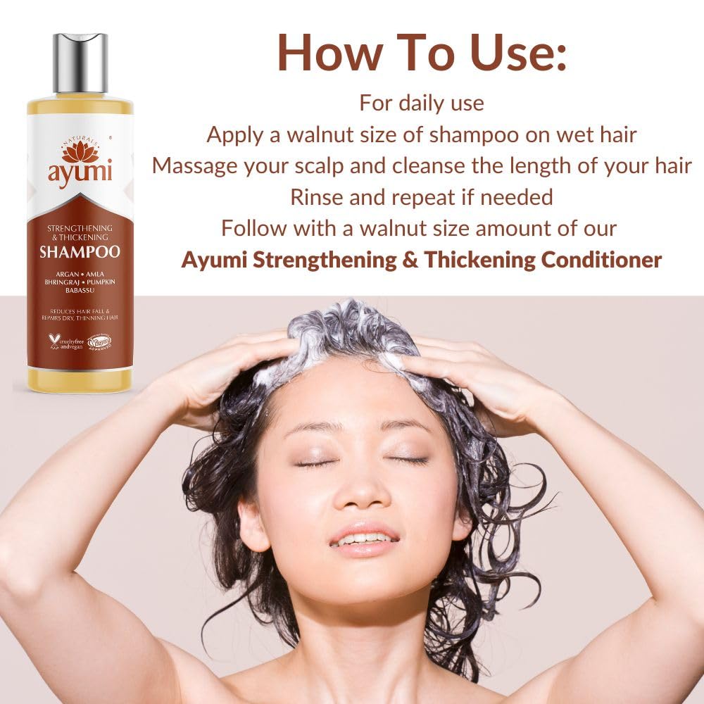 Ayumi Strengthening & Thickening Shampoo, For Thin & Weak Hair, Contains Amla & Bhringraj Extracts to Help With Growth Stimulation, Delicately Cleanses the Hair & Scalp - 2 x 250ml