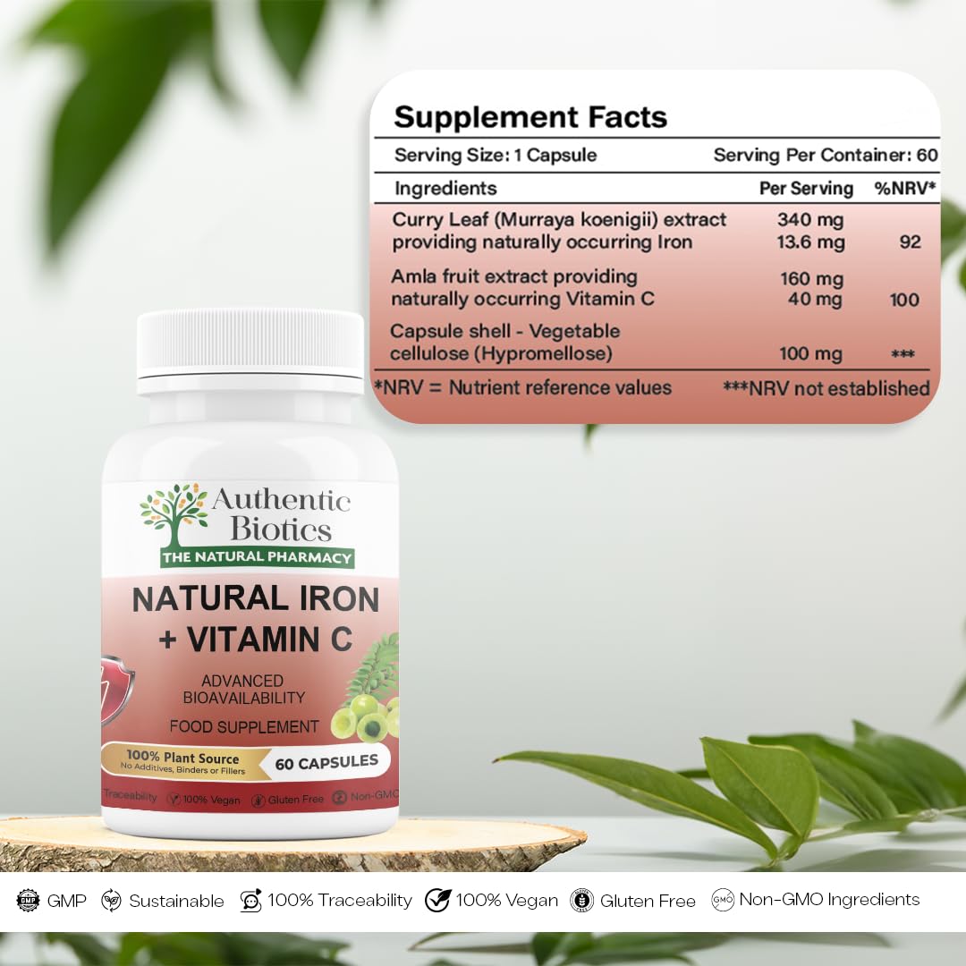 Authentic Biotics – 60 Natural Iron & Vitamin C Capsules, High Strength Iron from Curry Leaves, Vitamin C from Amla, 100% Plant-Based, Vegan & Vegetarian, Free from Fillers, Binders, and Additives (1)