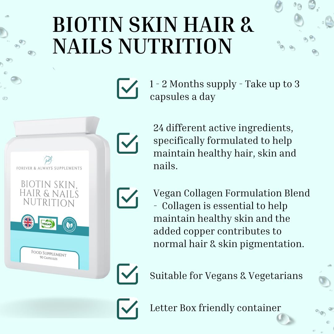 Forever & Always Supplements 90 x Vegan Hair Skin and Nails Vitamins for Women & Men, Vegan Collagen, biotin and zinc Complex for Hair Growth, Strong Nails & Healthy Skin