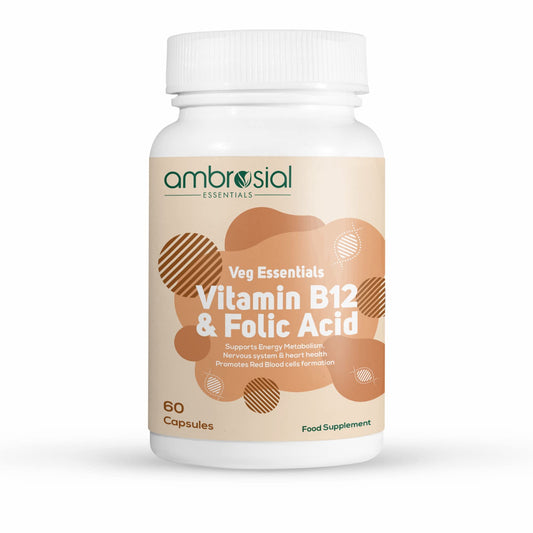 AMBROSIAL Ambrosial Vitamin B12 1000 mcg + 500 mcg Folic Acid | 1500 mcg | Folic Acid | Reduction of Tiredness & Fatigue | B12 Supplement | Immune System, Energy & Brain Support (Pack of 1-60 Capsules)