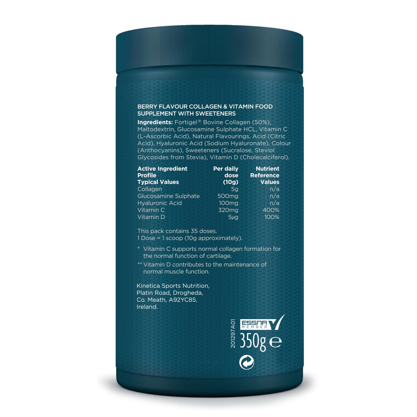 Kinetica Collagen Powder Joint & Muscle Support Complex FORTIGEL Bovine Collagen peptides, 320mg Vitamin C, 5μg Vitamin D, 100mg Hyaluronic Acid, 500mg Glucosamine Sulphate, Berry Flavour, 350g