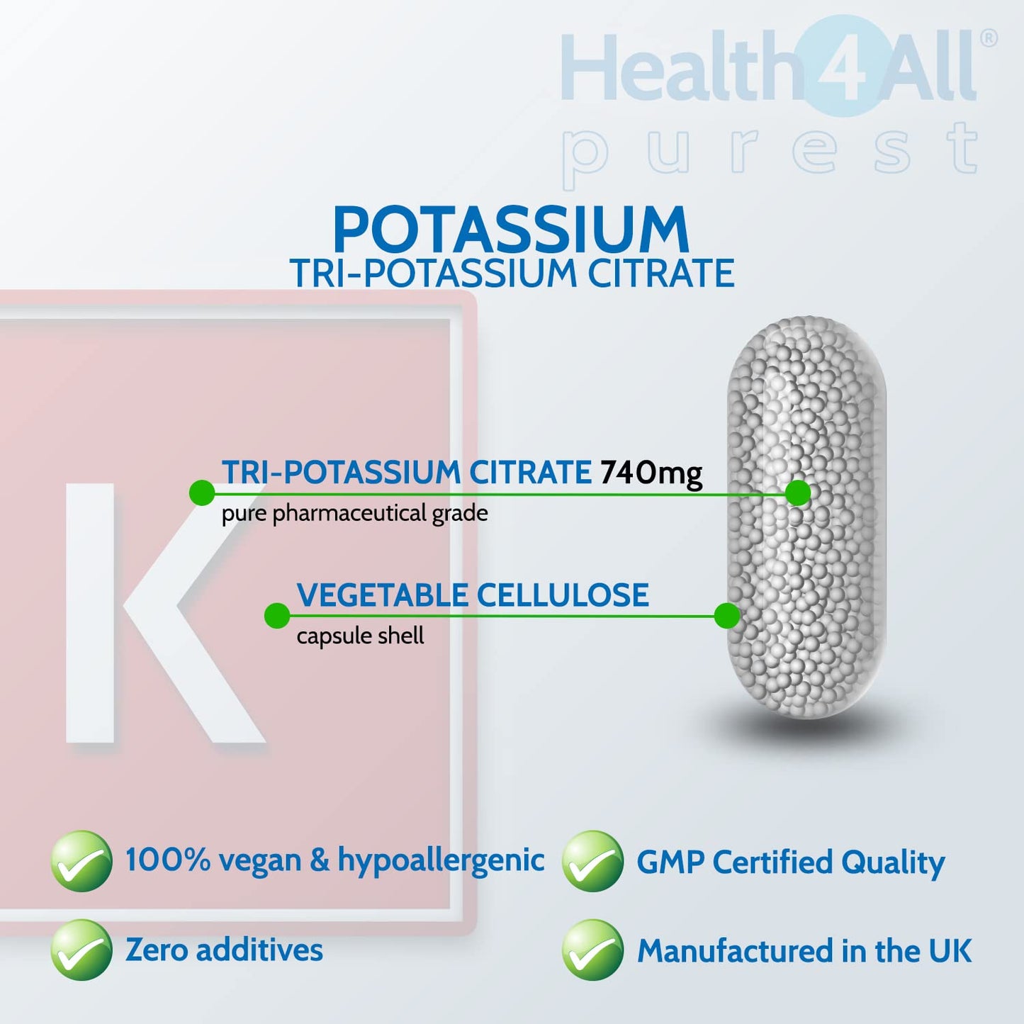 Health4All Potassium Citrate 740mg 90 Capsules (V) High Elemental Potassium. Purest: no additives. Vegan Potassium Supplement
