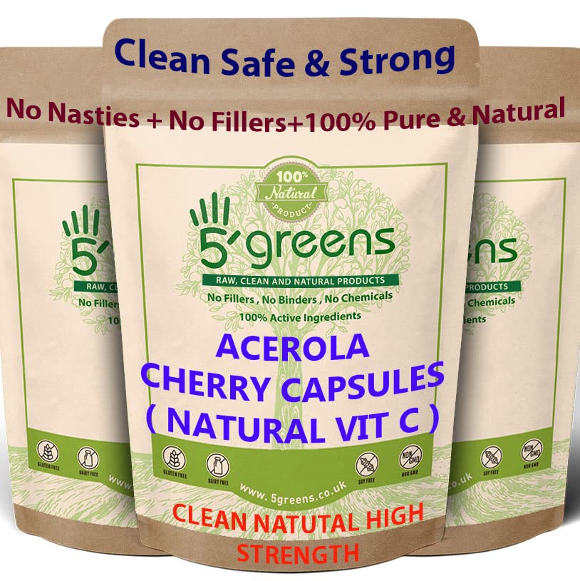 Acerola Cherry Extract Capsules Natural Vitamin C - Pure 100% Natural and Highly Absorbable Source of VIT C – Manufactured by 5greens in The UK (120 Capsules)