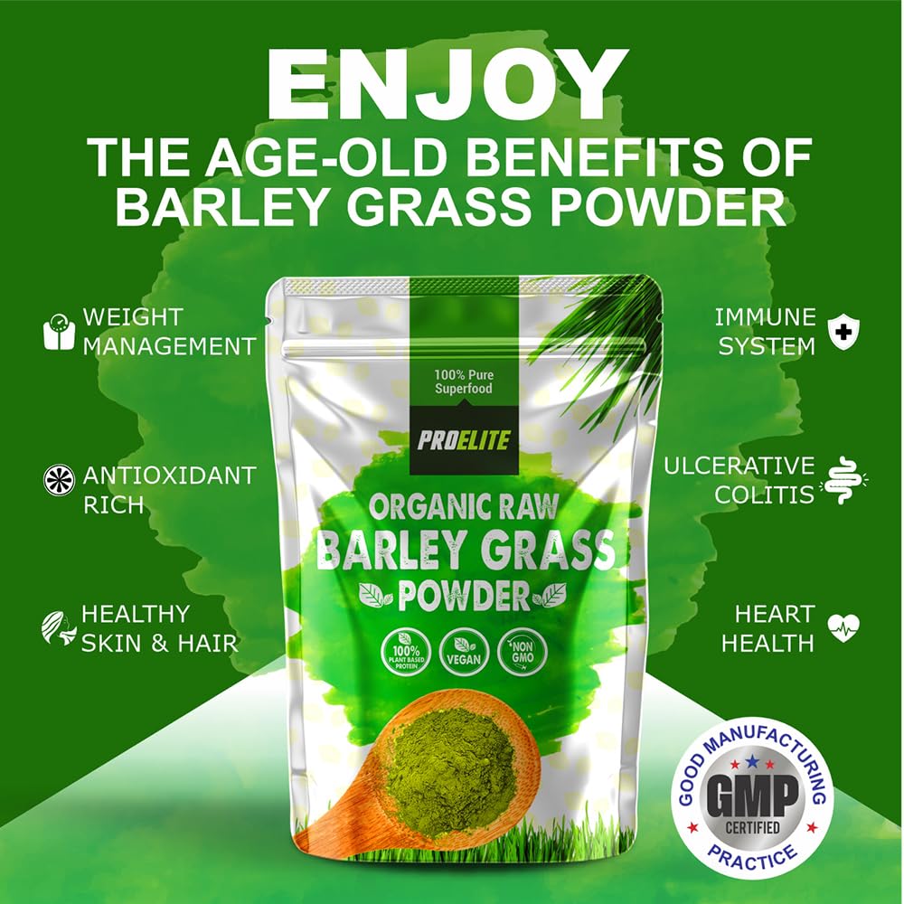 Organic Barley Grass Powder 500g - Certified Organic Grown in EU - 100% Raw Natural Gluten Free Superleaf Superfood Powder for Smoothies & Juices PROELITE