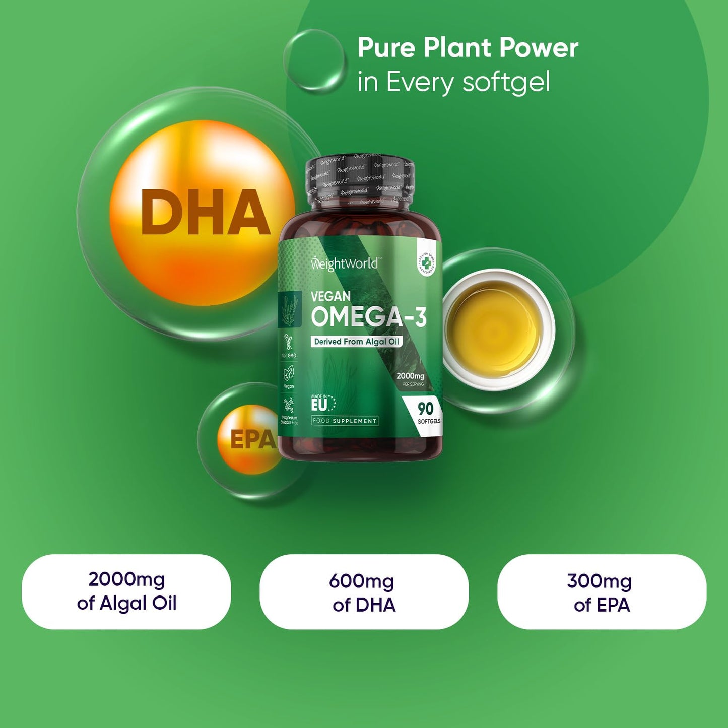 Vegan Omega 3 Capsules (Softgels) - 2000mg per Serving - 90 Softgels (45 Days Supply) - Algae Oil Omega 3 - Derived from Microalgae Schizochytrium - High Strength Omega-3 Nutritional Supplements