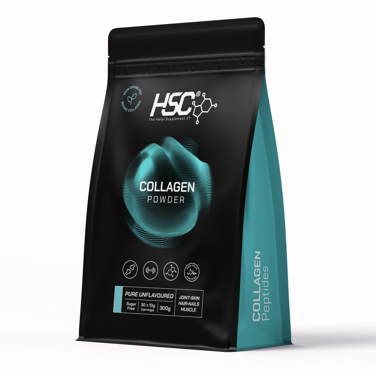 The Halal Supplement Co. - Halal Bovine Collagen Peptides Powder 300g for Hair, Skin, Nails, Joints & Muscles - 100% Grass Fed Hydrolysed Bovine Collagen (Type I & III) for Women and Men