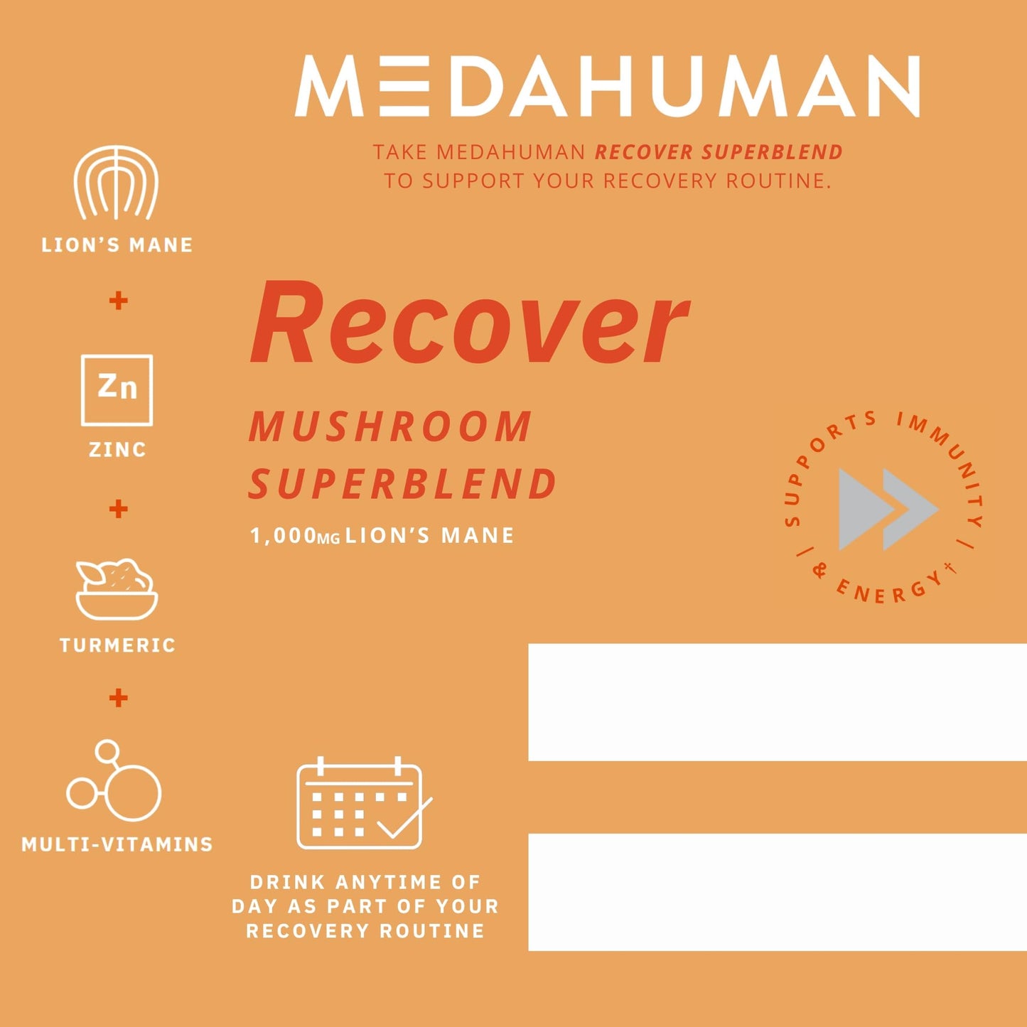 MEDAHUMAN Recover Mushroom & Adaptogen Superblend Powder, with Lions Mane 1000mg, B Vitamins, Zinc, Turmeric & Ginger, Orange Flavour, Aids Recovery & Immunity, Orange Flavour, 1 x 150g