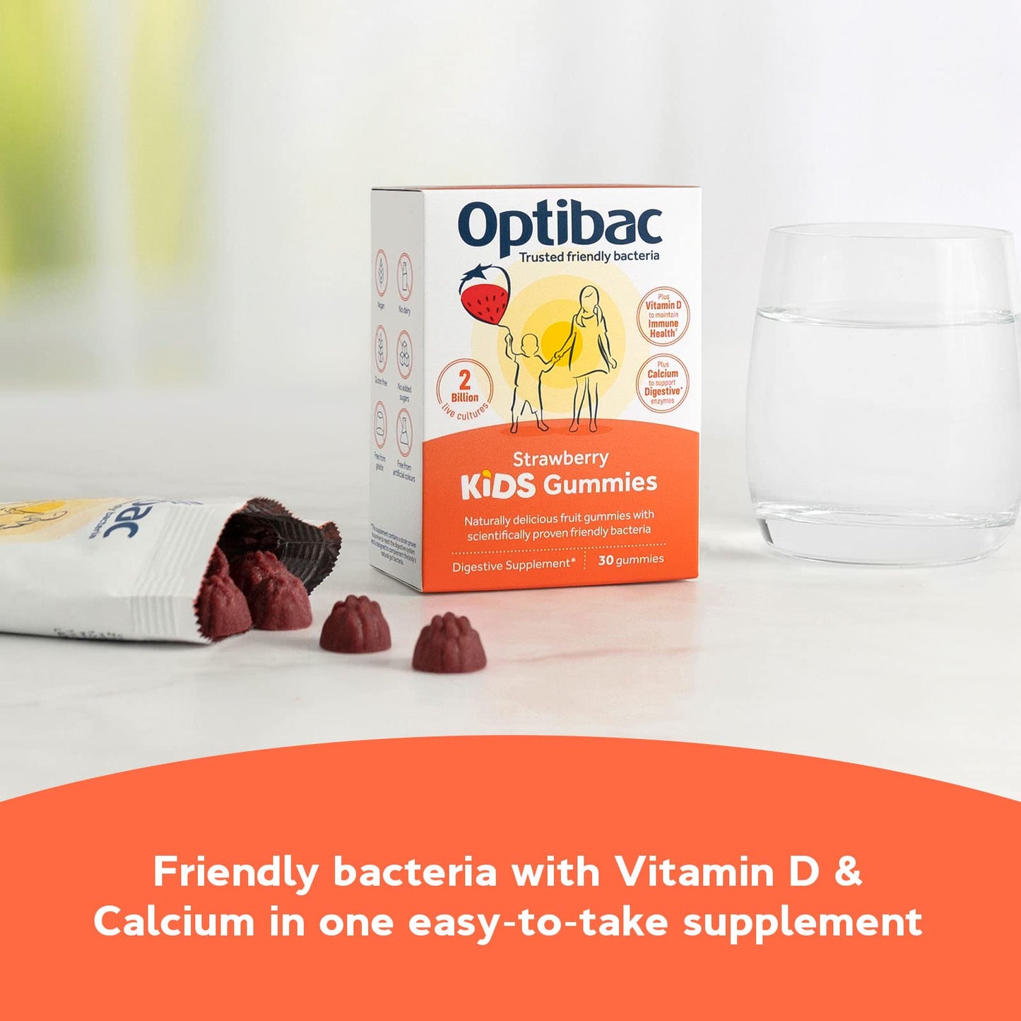 Optibac Kids Probiotic with Vitamin D & Calcium for Immune System Support & Gut Health and 2 Billion Bacterial Cultures - 30 Vegan Gummies