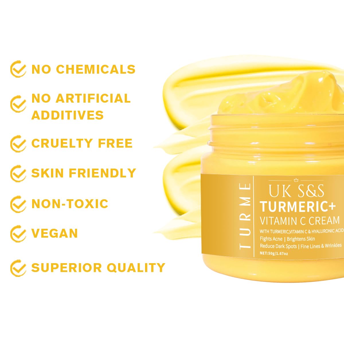 Turmeric & Vitamin C face cream. Anti-aging cream that reduces dark spots and brightens skin. Heals acne and repairs damaged skin. Soften and smoothens skin.