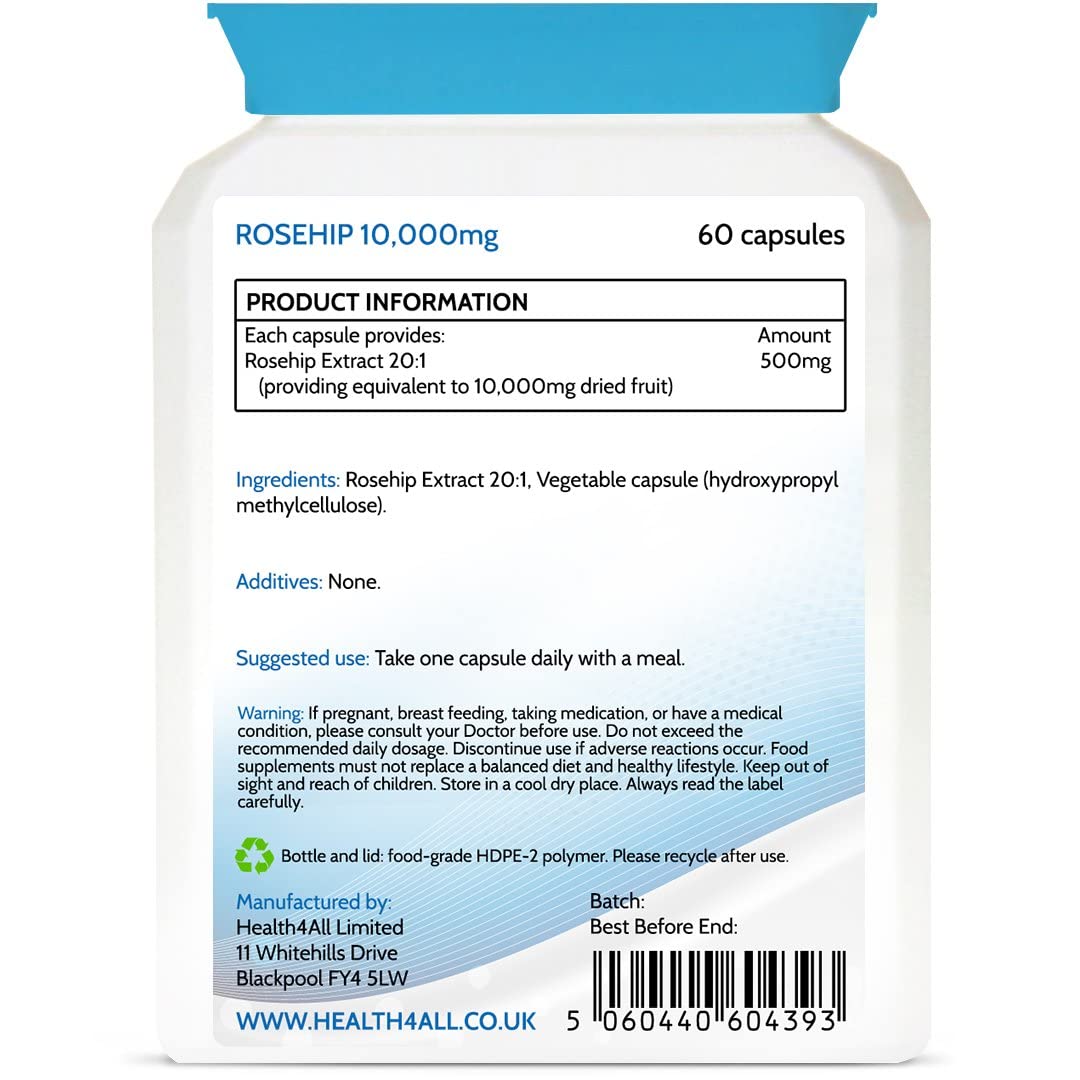 Health4All Rosehip 10000mg 60 Capsules (V) (not Tablets) Purest - no additives. Vegan Quality Joint Support Supplement