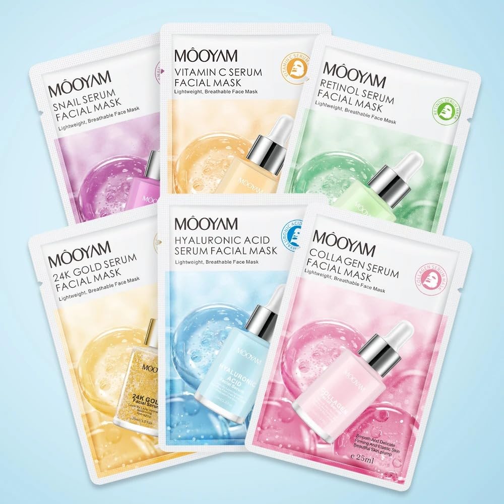 MOOYAM 6-pack Face Mask Set Collagen, Vitamin C, Retinol, Snail Serum, Hyaluronic Acid, Moisturizing Anti-Wrinkle Brightening Blackhead Remover Anti-Ageing Skin Revitalizer Acne All Skin Types