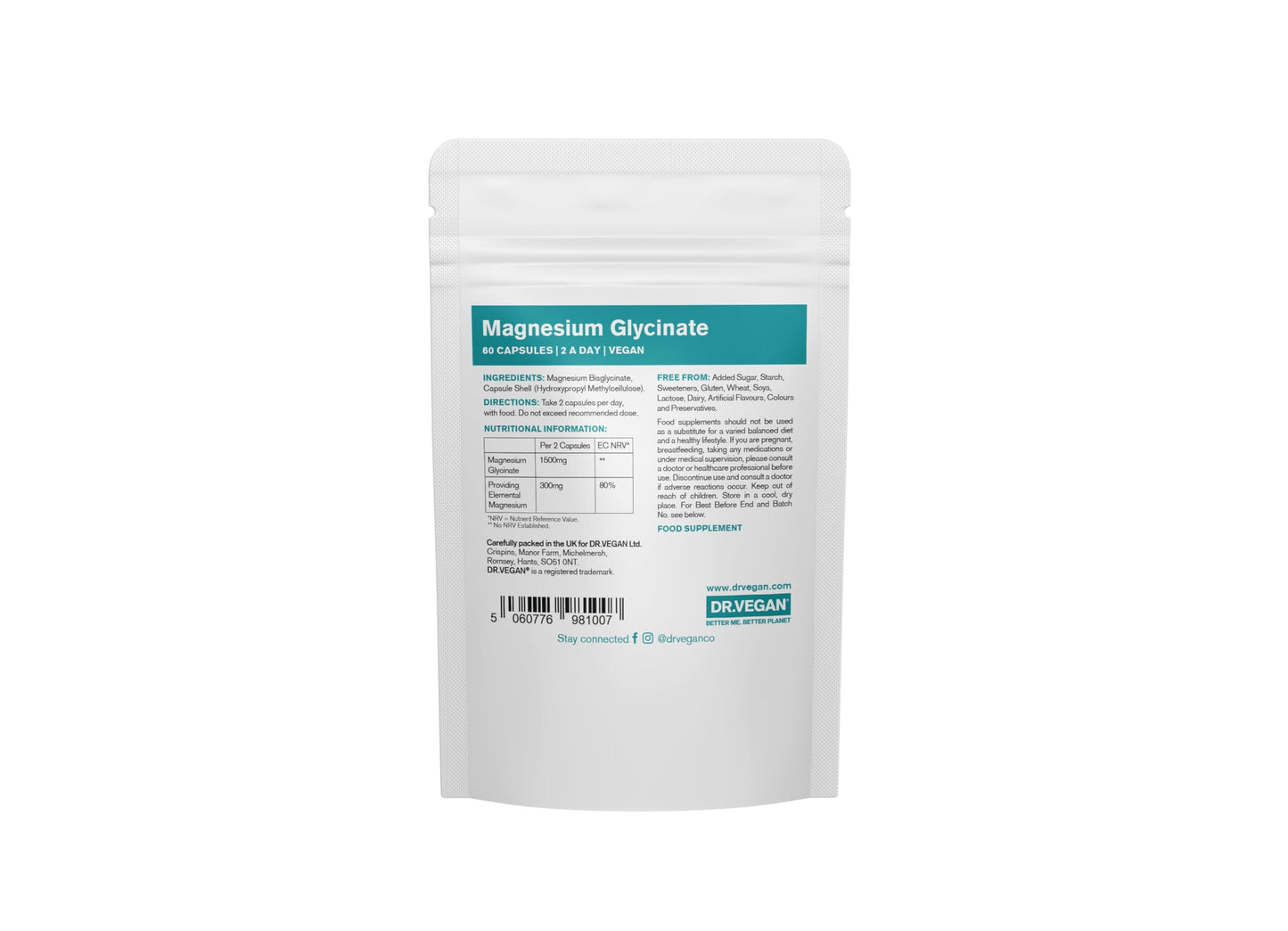 dr vegan DR.VEGAN Daily Magnesium Glycinate Complex 1500mg | Provides 300mg of Pure Elemental Magnesium | Fatigue, Mood and Muscle Recovery | 60 Vegan Capsules | Two-A-Day