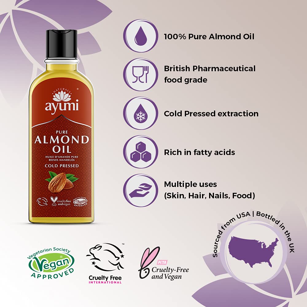 Ayumi Pure Almond Oil, Rich in Fatty Acids to Keep Skin Protected From Dryness & Wrinkles, Alleviates Dry Hair & Scalp Conditions - 3 x 150ml