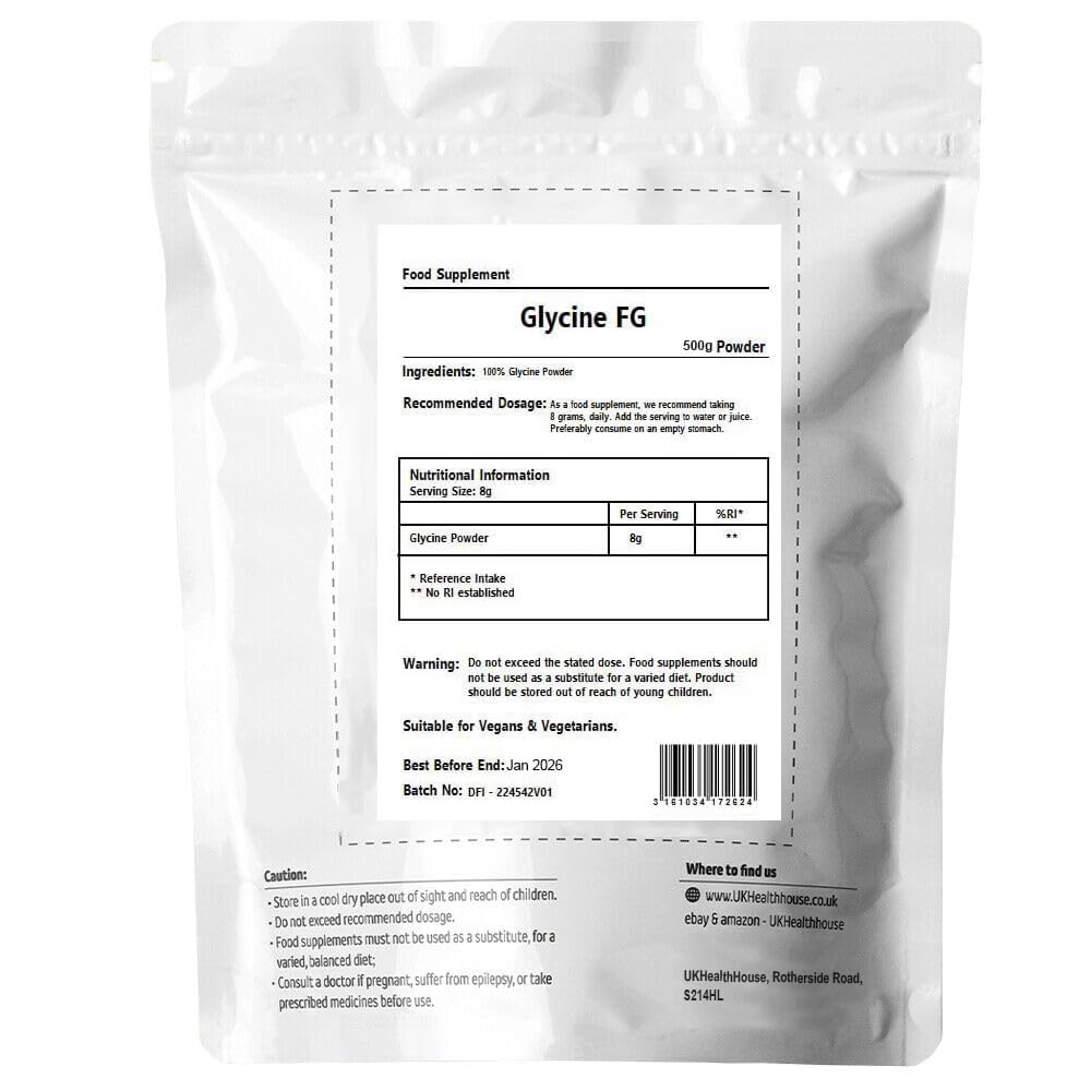 500g UKHealthHouse Glycine Powder 500g - Anti Inflammatory, Sleep Aid - Recovery, GH Release 100% Pure Glycine, Vegan Friendly, Boosts Protein Synthesis, White