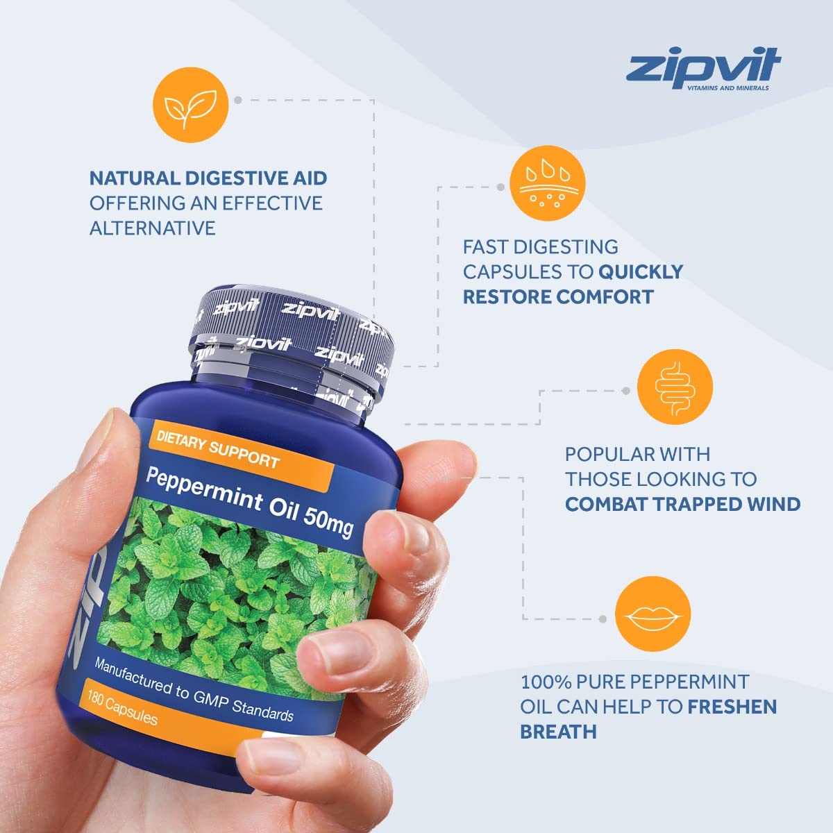 Zipvit Peppermint Oil Capsules 50mg, 180 Peppermint Capsules for Digestive Discomfort. UK Manufactured.