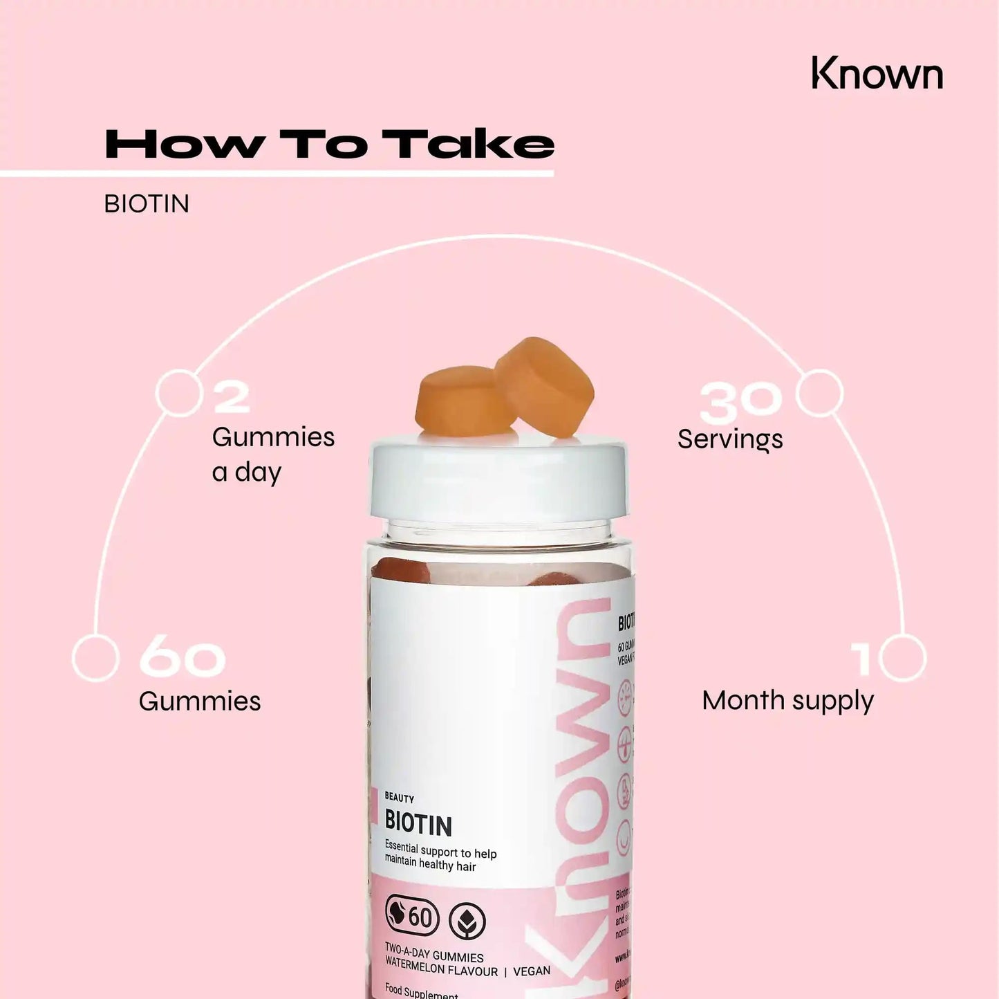 Biotin Gummies 10,000 mcg Watermelon Flavoured by Known Nutrition | for Hair, Skin and Metabolism | Watermelon Flavour | 60 Two-a-Day Vitamin Gummies | 10,000μg of Biotin per Serving (Pack of 1)