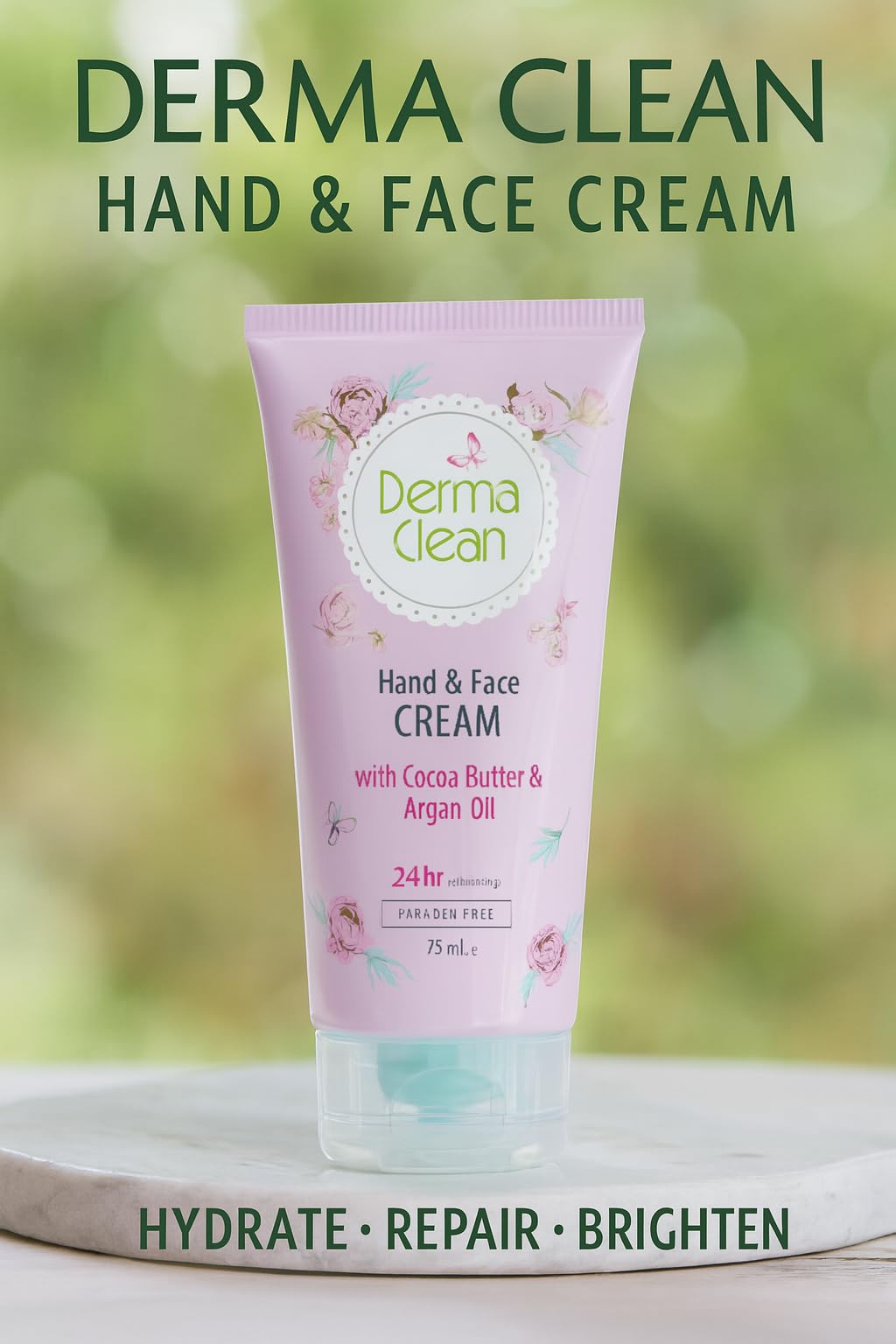 Generic DermaClean Hand & Face Cream with Argan Oil, Cocoa Butter, Niacinamide & Vitamin F – Lightweight Daily Moisturizer – Hydrates, Repairs & Brightens Skin – 75 ml