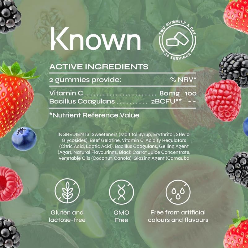 Known Delicious Debloat Gut Support Gummies - 2 Billion CFU Bacillus Coagulans & Vitamin C - Natural Mixed Berry Flavour - 60 Gummies, 1 Month Supply
