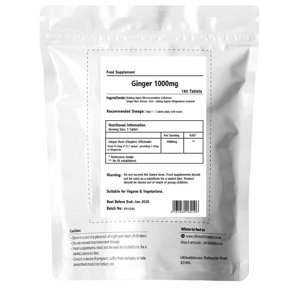 UKHealthHouse Ginger Root 1000mg Extract Tablets - Providing Gingerols & Shogaols UK Vegan High Potency Popular Ginger Supplement for Digestive Health (180 tabs)