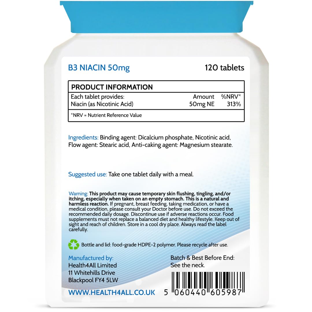 Health4All Vitamin B3 Niacin as Nicotinic Acid (Flush Effect) 50mg 120 Tablets. Vegan Niacin Flush Supplement Tablets. Made in The UK.