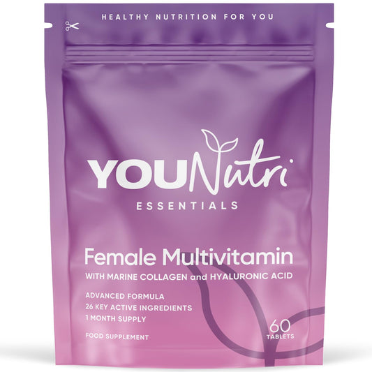 YouNutri Women's Multivitamins & Minerals with Marine Collagen & Hyaluronic Acid – 26 Essential Vitamins, Minerals, & Botanicals – UK GMP Manufactured and Lab Tested - 60 Tablets (1 Month Supply)
