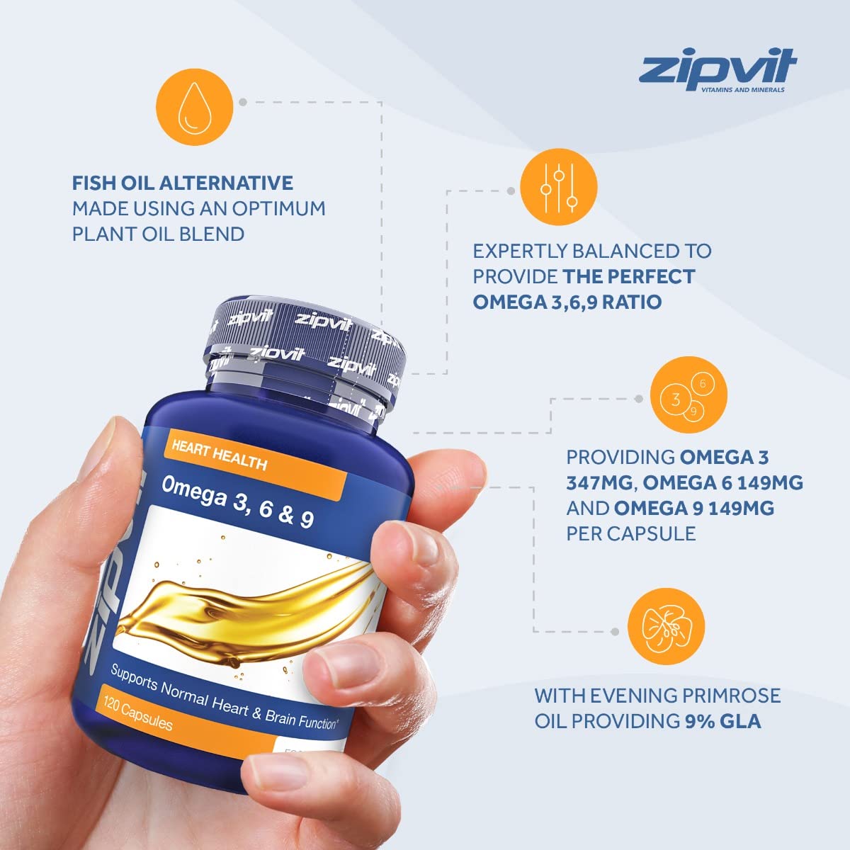 Omega 3 6 & 9 Oil 1000mg, 120 Softgels. Source of Alpha-Linolenic Acid. Supports Maintenance of Normal Blood Cholesterol. Made in UK.