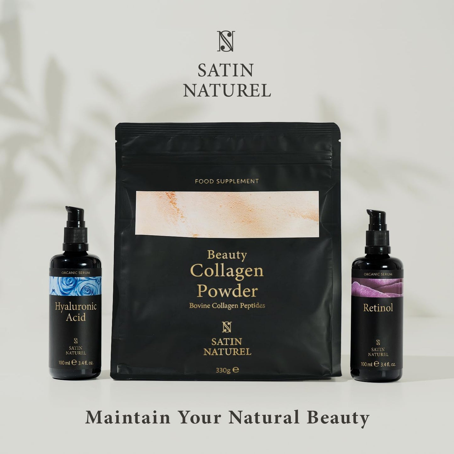 Bovine Collagen Powder 330g - 100% Pure Unflavoured Premium Hydrolysed Collagen with Hyaluronic Acid & Vitamin C - Type 1 & 3 Collagen Peptides for Joints, Muscles, Hair, Skin & Nails - Satin Naturel
