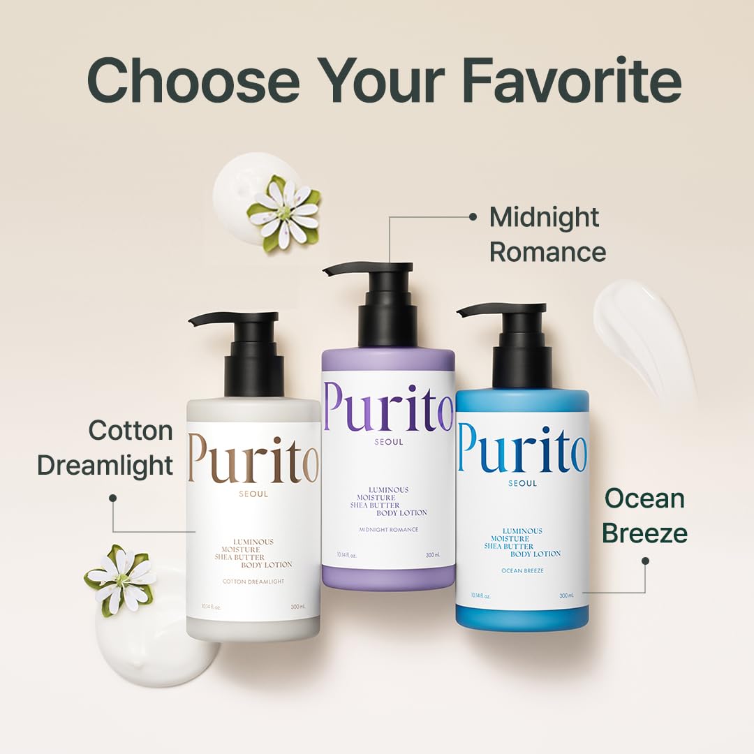 PURITO Luminous Moisture Shea Butter Body Lotion Cotton Dreamlight, Shea Butter, Gentle on Skin, Moisturizing, Dry Skin, Pump Bottle, K-Beauty, 300ml / 10.14 fl. oz.
