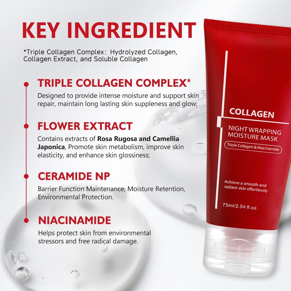 Lumiter Collagen Night Wrapping Mask, Overnight Face Mask Peel Off, Collagen Mask Overnight, Wrapping Night Masks with Triple Collagen&Niacinamide, Reduces Wrinkle, Skin Elasticity, 75ml