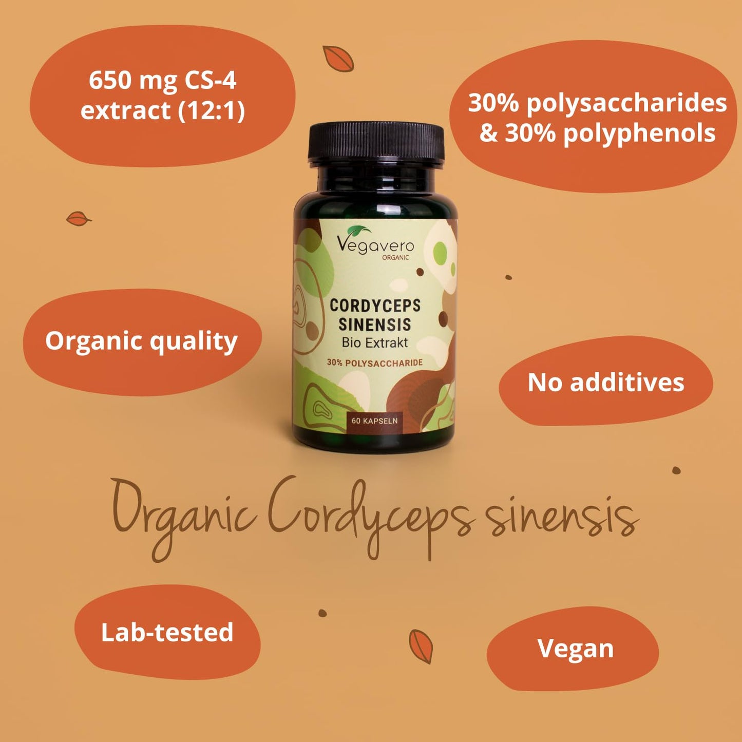 Vegavero Cordyceps Sinensis Organic 7800mg | Organic Mushroom Extract (12:1) | 30% Polysaccharides & Polyphenols | NO Additives | Lab-Tested | Vegan