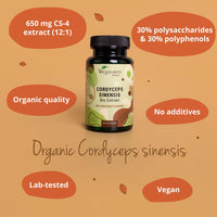 Vegavero Cordyceps Sinensis Organic 7800mg | Organic Mushroom Extract (12:1) | 30% Polysaccharides & Polyphenols | NO Additives | Lab-Tested | Vegan